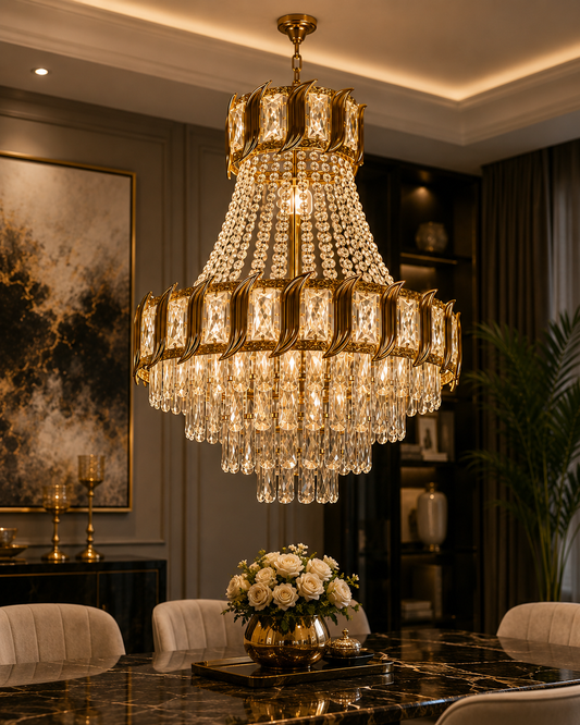 An ornate gold and crystal chandelier hangs over a marble dining table in a luxurious, dimly lit dining room with upholstered chairs and wall art.