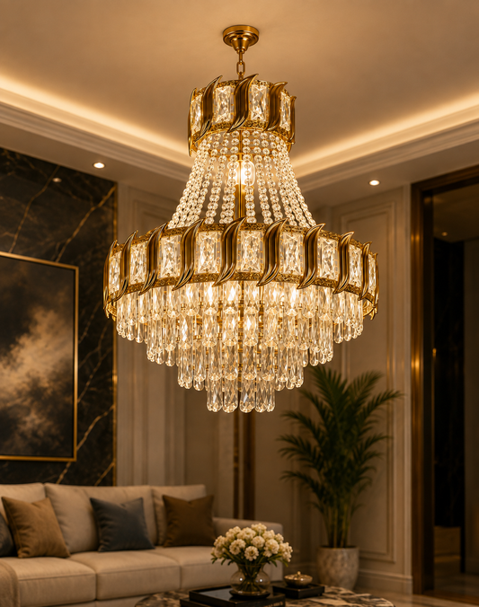 A large gold and crystal chandelier hanging in a luxurious living room with a sofa, marble wall art, and a potted plant.
