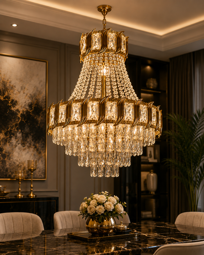 An ornate gold and crystal chandelier hangs over a marble dining table in a luxurious, dimly lit dining room with upholstered chairs and wall art.